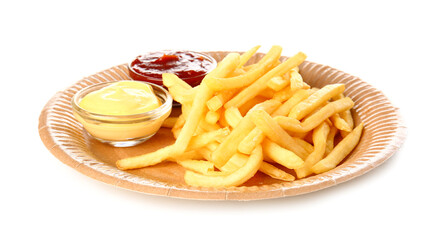 Plate with tasty french fries and sauces on white background