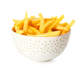 Bowl with tasty french fries on white background