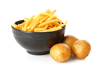 Bowl with tasty french fries on white background