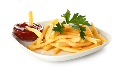 Plate with tasty french fries and sauce on white background
