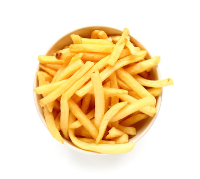 Bowl with tasty french fries on white background