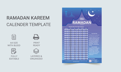 Ramadan Calendar Design Template. Ramadan timetable calendar. Iftar and Prayer timetable.