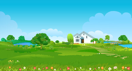 Summer glade with a white house, ponds, green trees and flowers. Summer country landscape. Vector Illustration