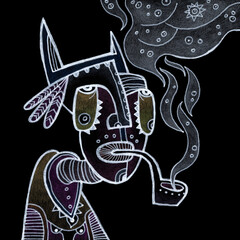 Portrait of a tribal man smoking a pipe. Black and white ethnic illustration.