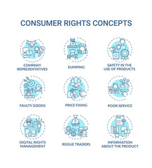 Consumer rights concept icons set. Customers protection idea thin line RGB color illustrations. Company representatives. Dumping. Poor service. Vector isolated outline drawings. Editable stroke