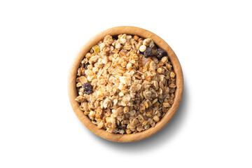 wooden bowl full of muesli isolated on white background