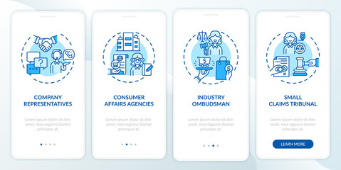 Fototapeta na wymiar Consumer safeguard onboarding mobile app page screen with concepts. Company officials walkthrough 4 steps graphic instructions. UI, UX, GUI vector template with linear color illustrations