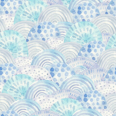 seamless abstract pattern with blue waves, cute childish illustration by watercolor