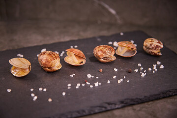 Fresh mussels in a vangole shell are arranged in a row on a black slate board on a dark gray table, surrounded by pepper and sea salt. The concept of healthy food and fresh seafood and delicacies.