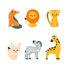 Cartoon animals of Africa. Set of animal characters - giraffe, lion, zebra, cheetah, jackal, fennec fox. 