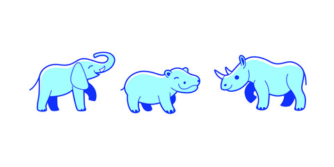 Cartoon animals of Africa. Set of animal characters - elephant, hippo, rhinoceros. 