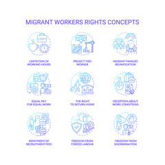 Migrant worker right blue gradient concept icons set. Limitation of working hours. Project tied. Immigrant labor idea thin line RGB color illustrations. Vector isolated outline drawings