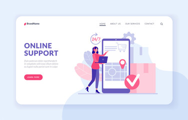 Technical support 24 7. Landing page website banner template. Noctidial customer support concept. Female character operator with headphones and laptop accepts order specifies client address - obrazy, fototapety, plakaty