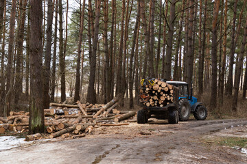 Tractor loaded with logs next to a pile of untreated wood