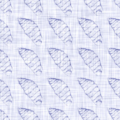 Blue scallop shell block print on a soft white linen texture background. Seamless bright summer cloth fabric for fresh coastal cottage beach decor. Modern stylised marine sea life hand drawn linocut
