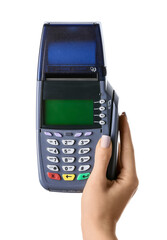 Female hand with payment terminal on white background