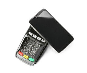 Payment terminal with mobile phone on white background