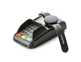 Payment terminal with smart watch on white background