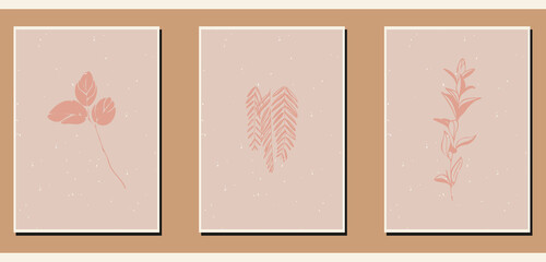 A set of three abstract minimalist aesthetic floral illustrations. Minimal silhouettes of plants on a light background. Modern monochrome vector posters for social media, web design in vintage style.