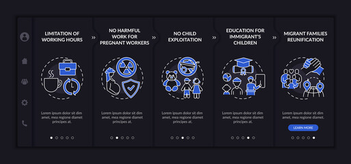 Immigrants rights onboarding vector template. Responsive mobile website with icons. Web page walkthrough 5 step screens. Legal foreign workers dark mode concept with linear illustrations