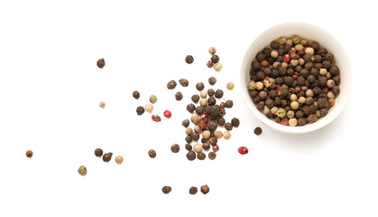 Bowl with mixed peppercorns on white background