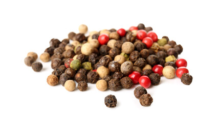 Mixed peppercorns on white background