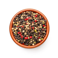 Bowl with mixed peppercorns on white background