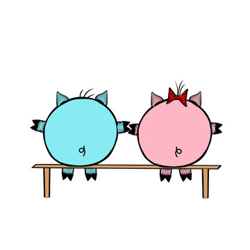 Pair of a Pink Vector piggy fat girl and a blue piggy boy sitting on a bench together on a white background. Rear view