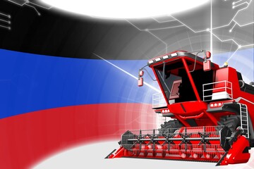 Fototapeta na wymiar Agriculture innovation concept, red advanced farm combine harvester on Donetsk Peoples Republic flag - digital industrial 3D illustration