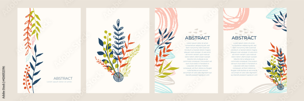Aufkleber set of floral universal artistic templates with leaf line art bohemian scandinavian color style. goo