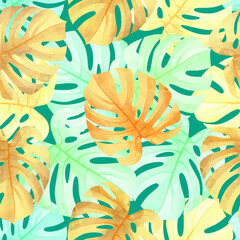 Fototapeta na wymiar Tropical seamless pattern with monstera leaves. Fashionable background.