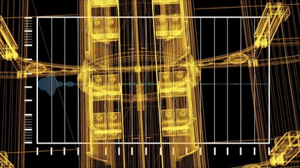 3d rendering - wire frame model of industrial buildings and HUD Element in Hologram Style