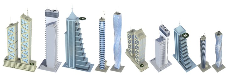 10 birds eye view high detailed renders of fictional design city houses with blue cloudy sky reflections - isolated, 3d illustration of architecture