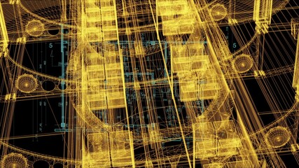 3d rendering - wire frame model of industrial buildings and blueprint