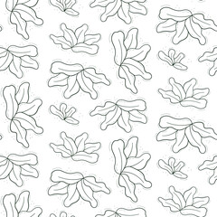 Seamless repeating pattern of tropical plant-like shrub with wide leaves from the center. Contour dark green objects on a white.