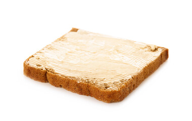 Slice of fresh bread with butter on white background