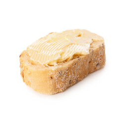 Slice of fresh bread with butter on white background