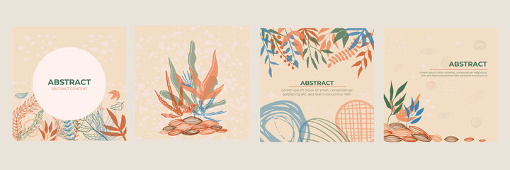 Abstract trendy universal artistic background templates with boho bohemian botanical tropical leaf line art. Good for cover, invitation, banner, placard, brochure, poster, card, flyer and other.