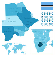 Botswana detailed administrative blue map with country flag and location on the world map. Vector illustration