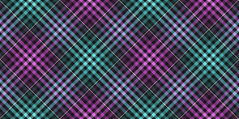 Modern brite night neon acid pink and  cyan on black with white threads tartan fabric ornament seamless diagonal pattern, textile texture for plaid tablecloths shirts clothes dresses bedding blankets - 426053707