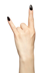 Female hand with black nails manicure isolated on white background. Fingers in the shape of a victory sign.
