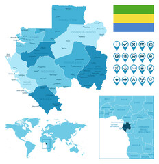 Obraz premium Gabon detailed administrative blue map with country flag and location on the world map. Vector illustration