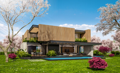 Fototapeta na wymiar 3d rendering of modern cozy house with parking and pool for sale or rent with wood plank facade and beautiful landscaping. Fresh spring day with a blooming trees with flowers of sakura on background