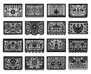 Colorful mexican perforated papel picado banner set