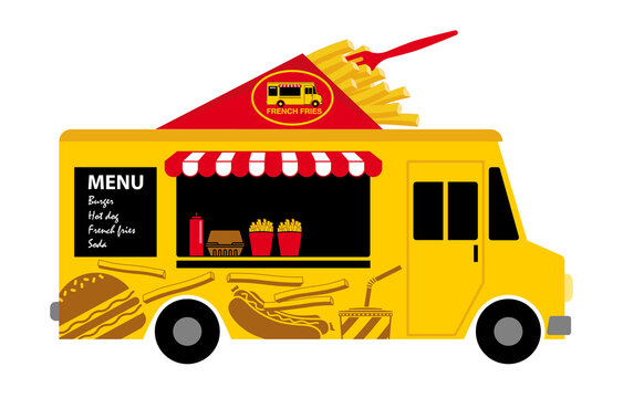 V&eacute;hicule appel&eacute; baraque &agrave; frite ou &laquo;&nbsp;food truck&nbsp;&raquo; - vente &agrave; emporter d&rsquo;aliments pr&eacute;par&eacute;s &agrave; bord d&rsquo;un camion stationn&eacute; en ville.