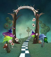 Wonderland landscape with a trellis, mushrooms and awelcome banner - 426055104