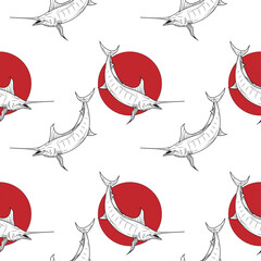 seamless pattern with black and white swordfish on a red sun background