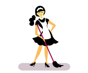 Cleaning lady with cleaning equipment. Symbol. Vector illustration.