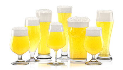 Set of fresh light beer glasses with bubble froth isolated on white background.