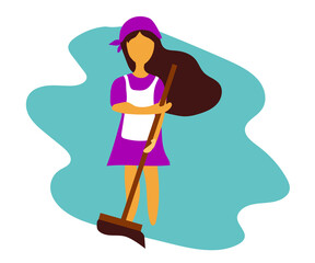 Cleaning lady with cleaning equipment. Cartoon. Vector illustration.